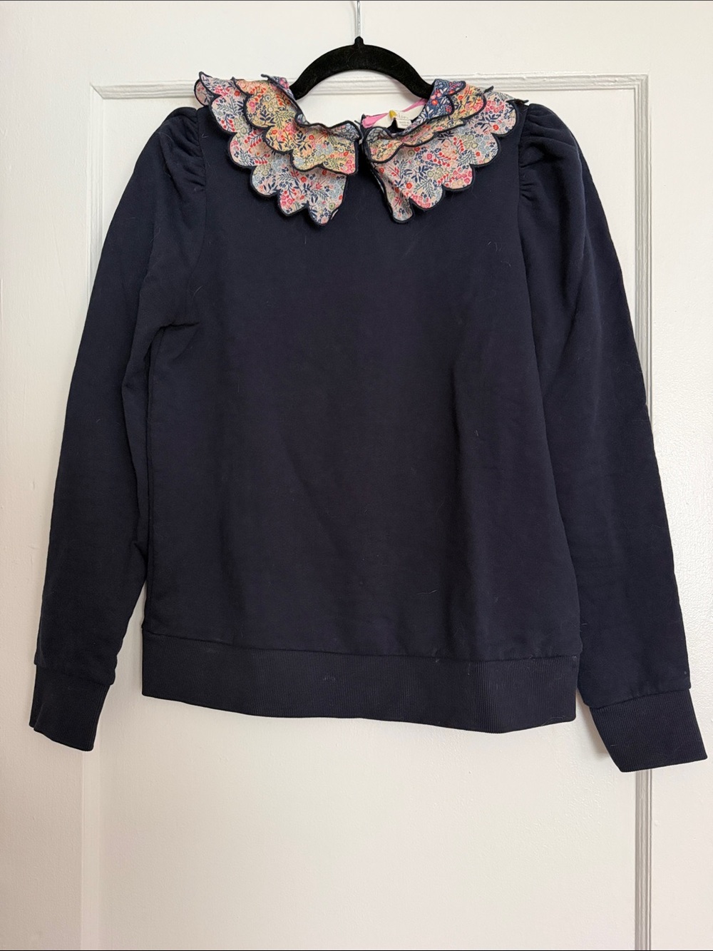 Boden Navy Sweatshirt with Scalloped Peter Pan Floral Collar